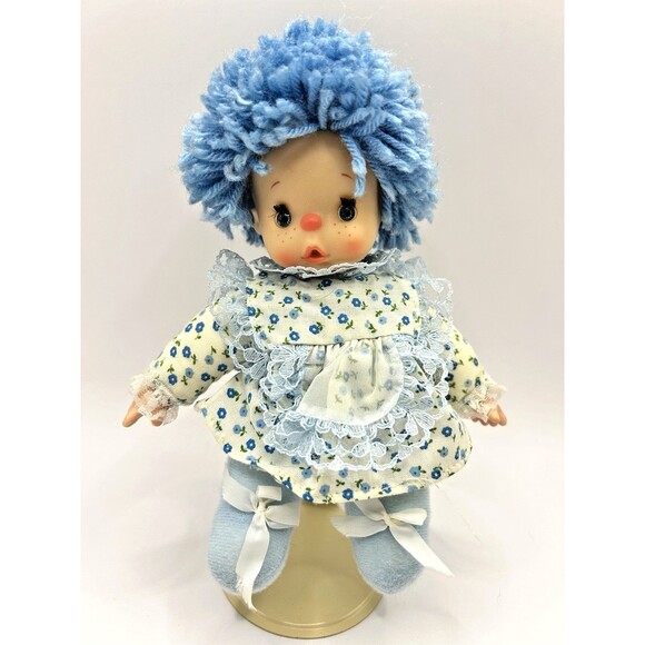 Cean Toys Other - Vintage Cean Toys Doll Blue Yarn Hair 7" Plush Floral Dress Baby Doll 80's